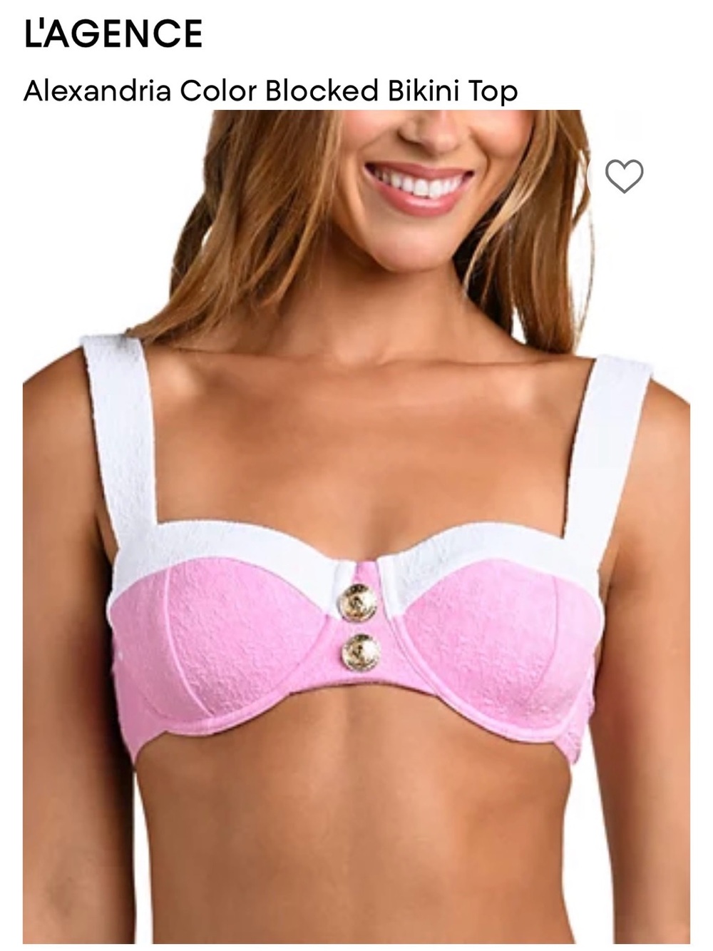 L'AGENCE Pink and White Color-Blocked Bikini Top with Gold Buttons